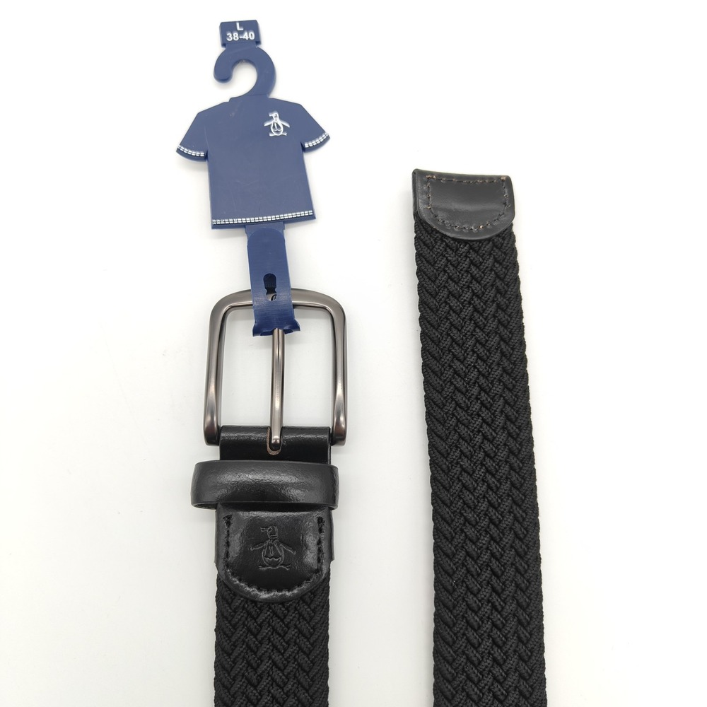 Original Penguin Black Braided Stretch Belt Men's L 38-40 Genuine Leather NWT - Picture 2 of 7